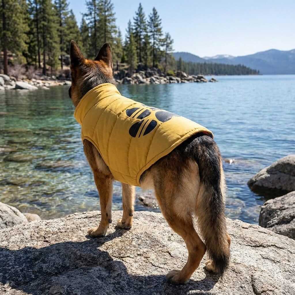 Reversible French Bulldog Down Jacket on a dog by the lake, showcasing its stylish design and comfort features.