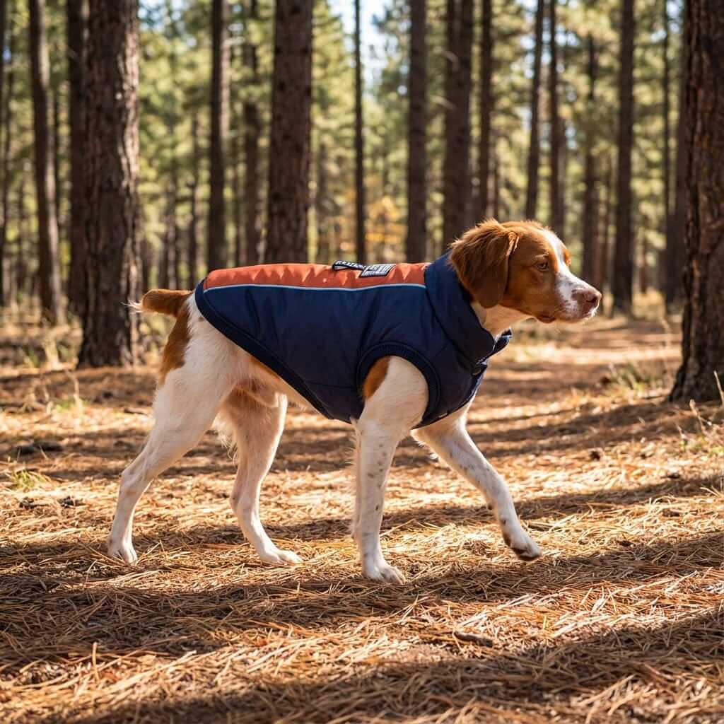 Ribbed Hem Dog Jacket on a dog walking in a forest, featuring a water-repellent shell by Dogs & Cats brand.
