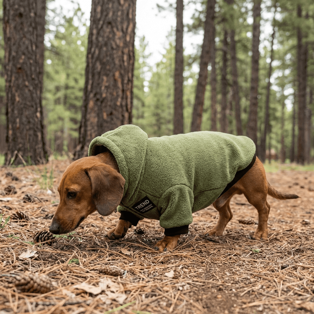 RidgeLine Thermal Dog Hoodie on a dachshund in a forest, showcasing warmth and comfort for dogs and cats.
