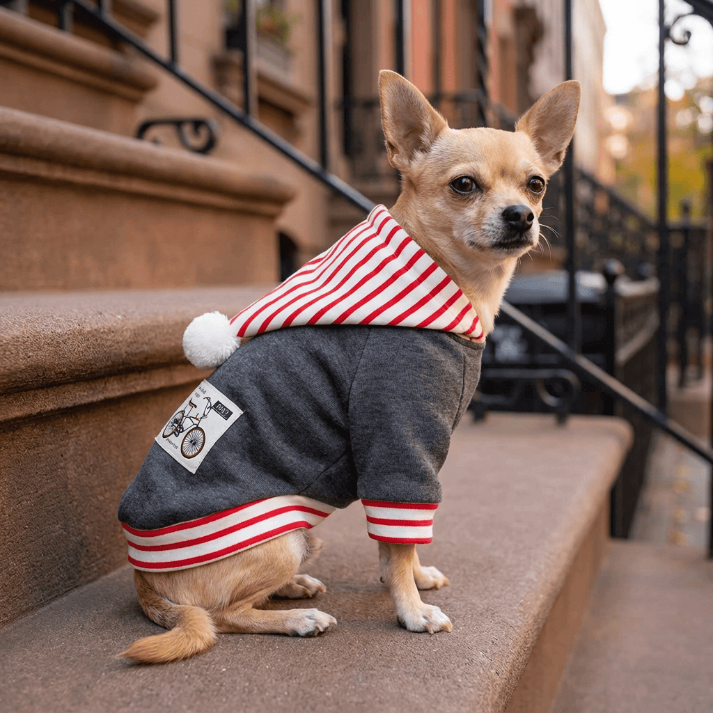 Riding Solo Striped Dog Sweater on a Chihuahua in a cozy outdoor setting, featuring striped design, soft fabric, and two-legged style.
