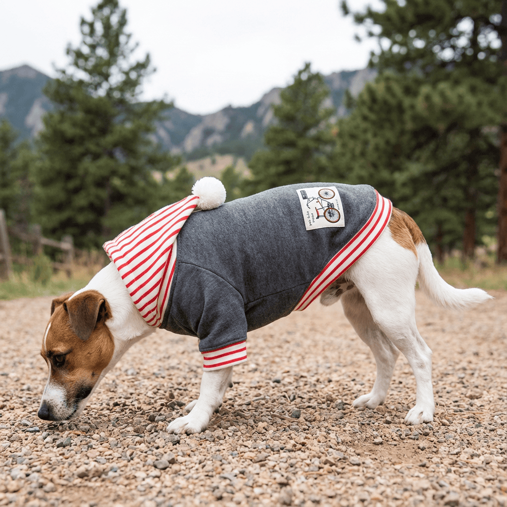 Riding Solo Striped Dog Sweater on a dog outdoors, featuring a striped hood, soft fabric, and comfort for sensitive skin.