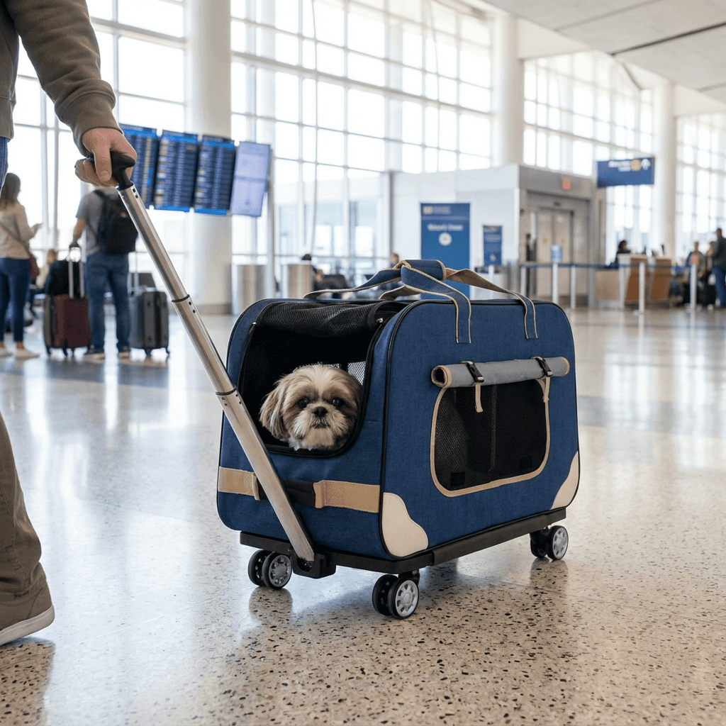 RollMate Pet Carrier for dogs and cats with a detachable wheeled system at the airport.