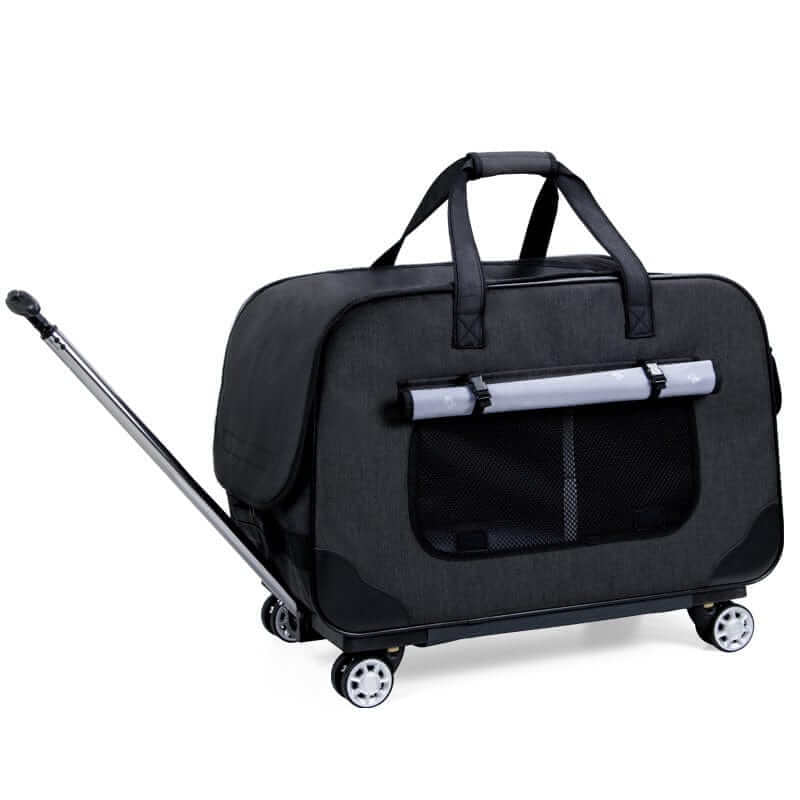 RollMate Pet Carrier for dogs and cats with four-wheel system, foldable design, perfect for stress-free travel.