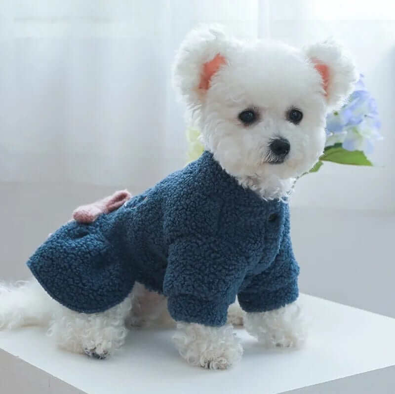 Royal Frost Bow Dress for dogs, plush design featuring a blue bow, cozy comfort for autumn and winter.