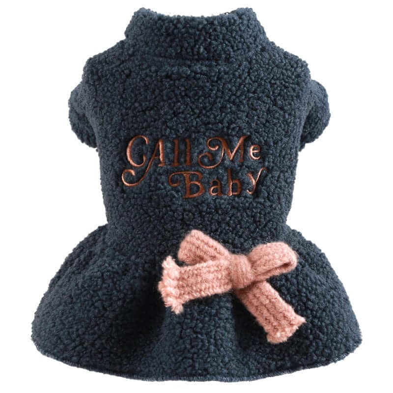 Royal Frost Bow Dress for dogs & cats, featuring cozy warmth, plush material, and a stylish pink bow.