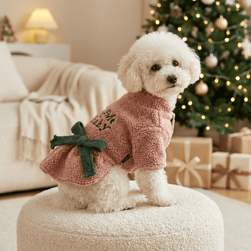 Royal Frost Bow Dress for Dogs & Cats, plush dress with a green bow, perfect for autumn and winter warmth.