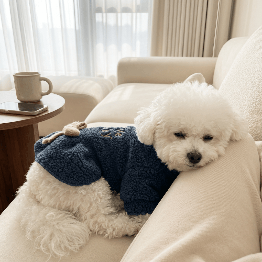 Royal Frost Bow Dress on a cozy dog lounging on a couch, showcasing its plush blue design for winter fashion.