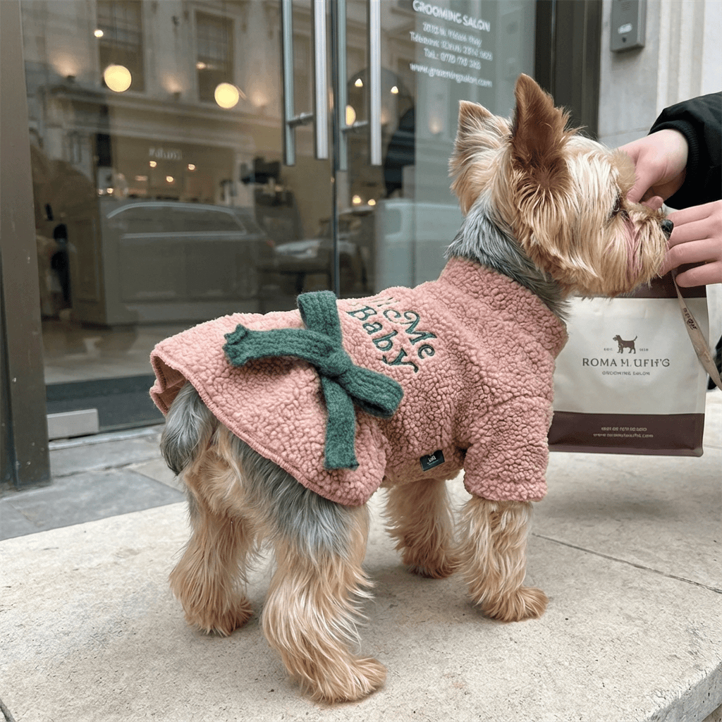 Royal Frost Bow Dress for dogs in pink with green bow, cozy and stylish for autumn and winter, by Dogs & Cats.