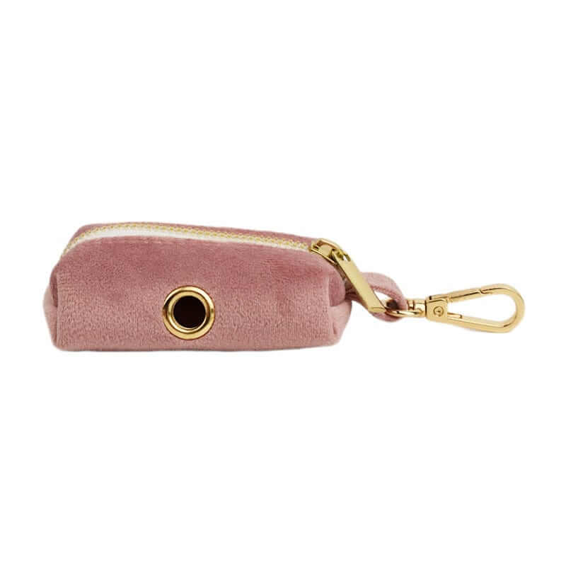 RoyalPaws Velvet Dog Set poop bag holder in pink velvet with gold zipper and clip for Dogs & Cats.