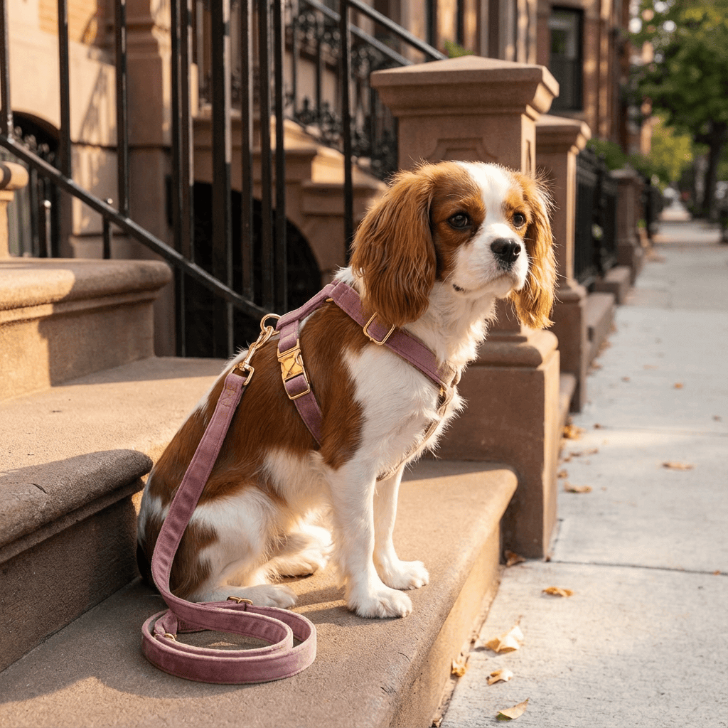RoyalPaws Velvet Dog Set featuring a stylish dog harness and leash on a cute dog in a city setting.