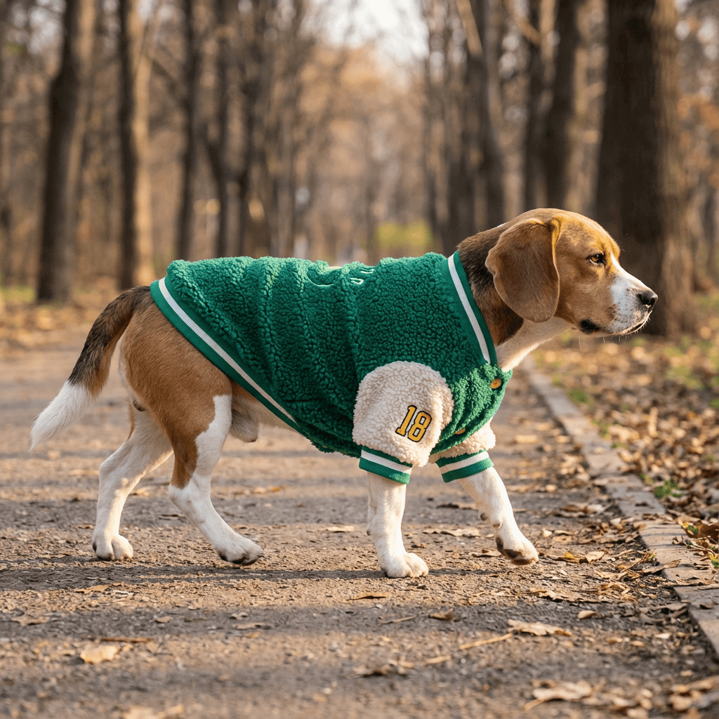 Beagle wearing SaturnPaw Fleece Dog Jacket, stylish warm coat for dogs, perfect for winter walks.