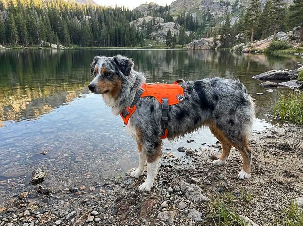 SecureFit No-Pull Dog Harness on a dog by a lake, featuring reflective stitching and adjustable straps for comfort.