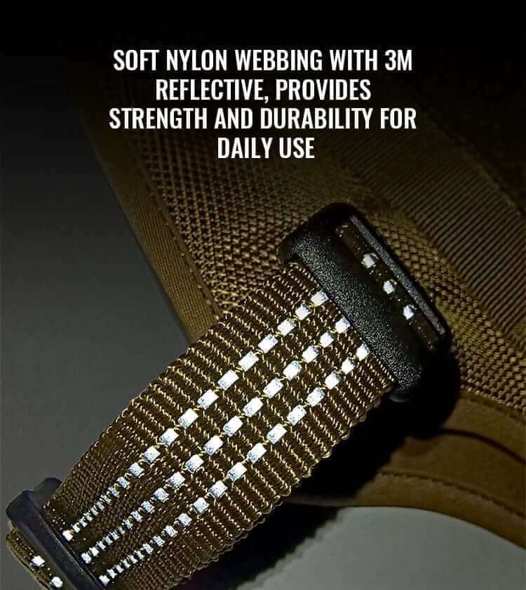 Close-up of SecureFit No-Pull Dog Harness showing the soft nylon webbing with 3M reflective stitching for durability.