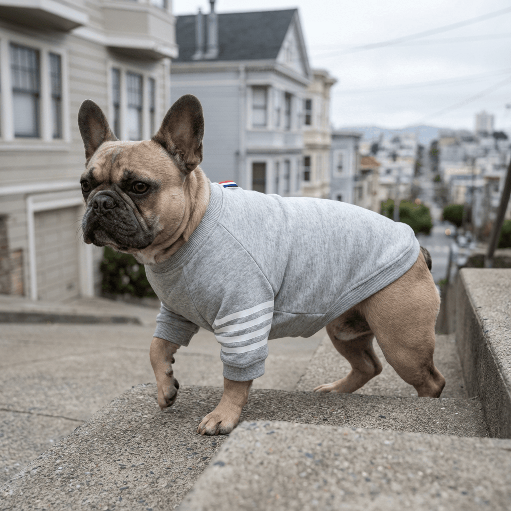 Short Sleeve Dog Sweater worn by a French Bulldog, featuring a breathable round neckline and sporty design.