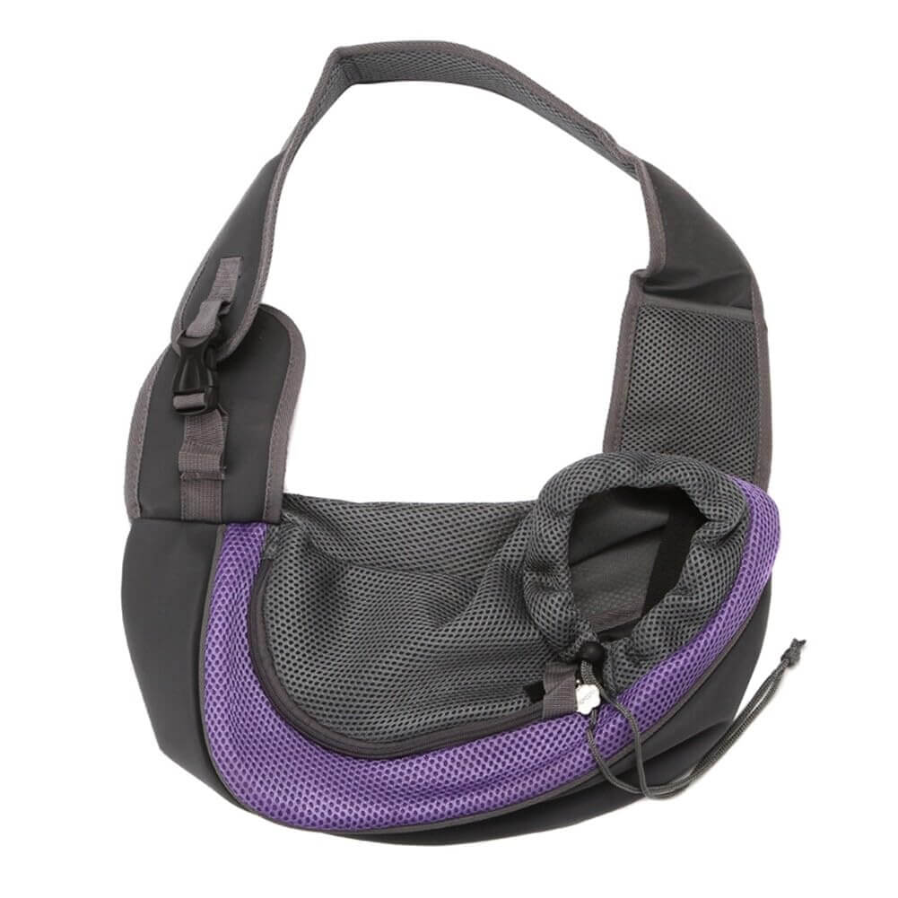 Side Sling Pet Carrier in black and purple, designed for dogs and cats, featuring breathable mesh and adjustable straps.