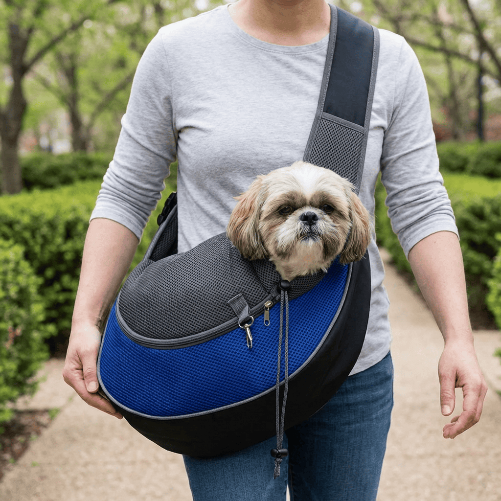 Side Sling Pet Carrier, a hands-free pet sling for small dogs and cats, featuring a comfy design and zippered pocket.
