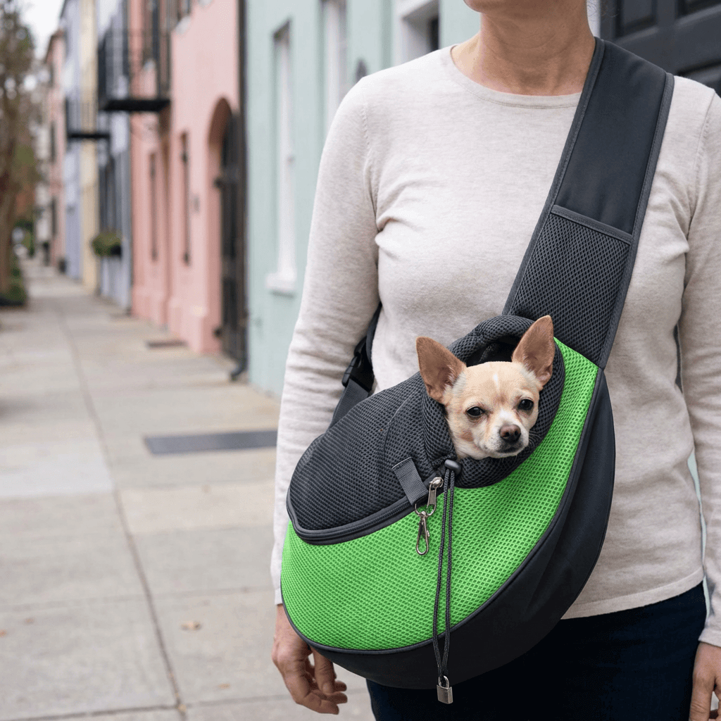 Side Sling Pet Carrier for small dogs and cats, hands-free design with zippered pocket for essentials.