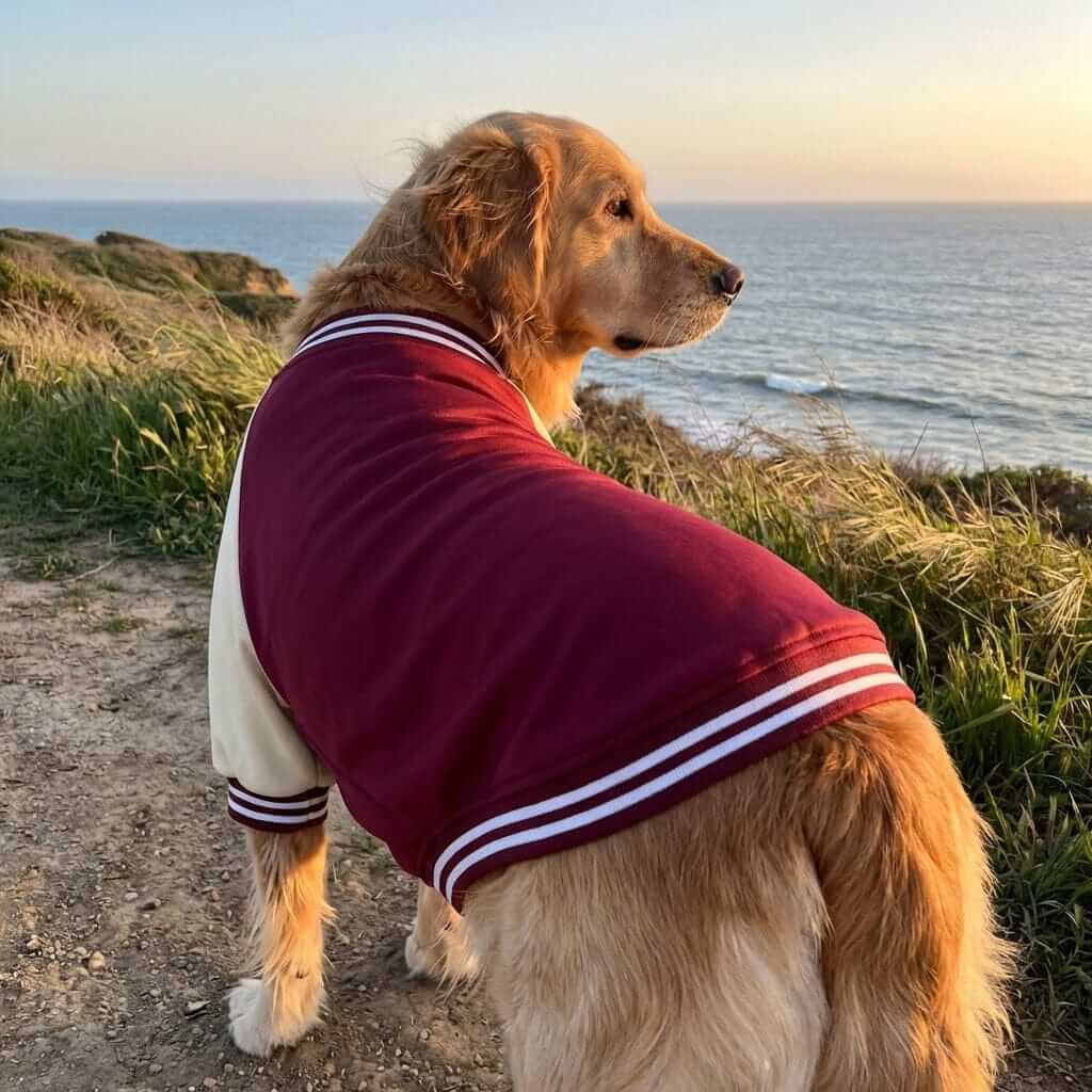 Golden Retriever wearing the Signature Athletic Dog Jacket by Dogs & Cats, featuring a classic varsity style and color-block design.