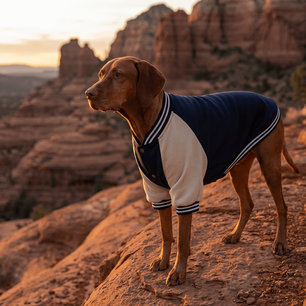 Signature Athletic Dog Jacket on a dog in a rocky outdoor setting, featuring a classic varsity design for comfort and style.