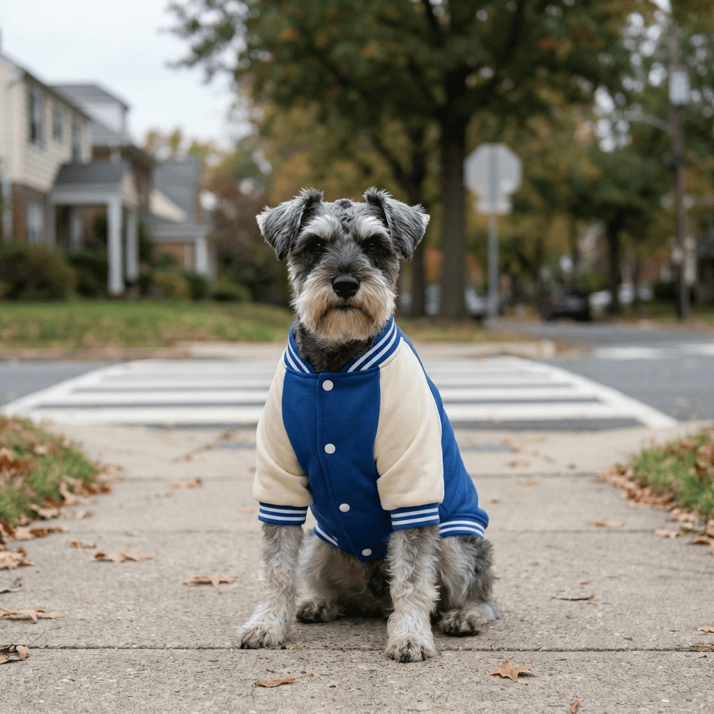 Dog wearing Signature Athletic Dog Jacket, a varsity-style coat by Dogs & Cats brand, designed for warmth and comfort.