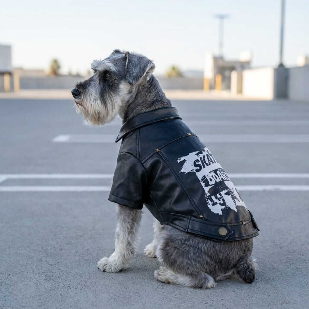 Skate Board 1983 Warm Dog Jacket on a stylish dog, featuring studded back print, perfect for winter outings.