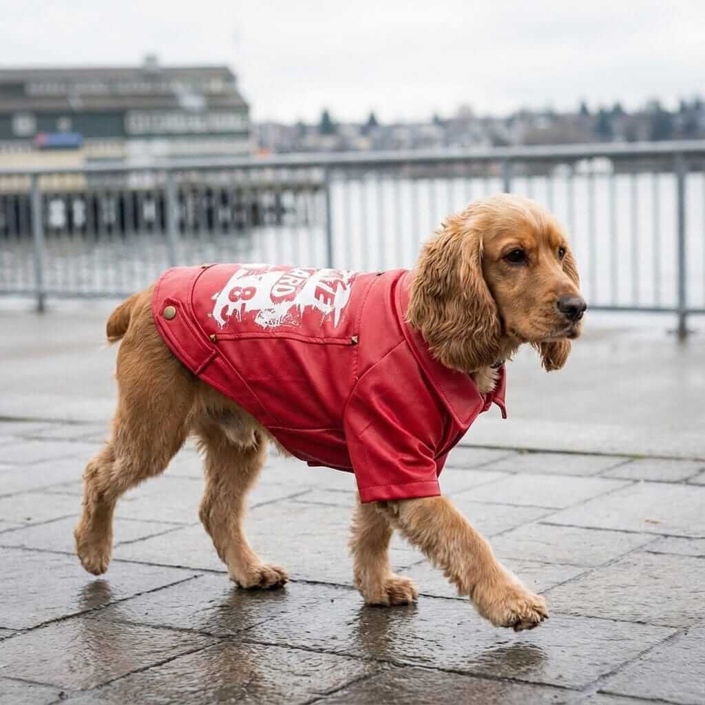Skate Board 1983 Warm Dog Jacket on a golden retriever, featuring short sleeves and studded back print, perfect for winter walks.