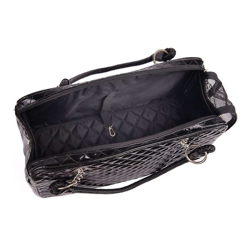 Sleek Leather Pet Carrier interior view showcasing premium design features for dogs and cats.
