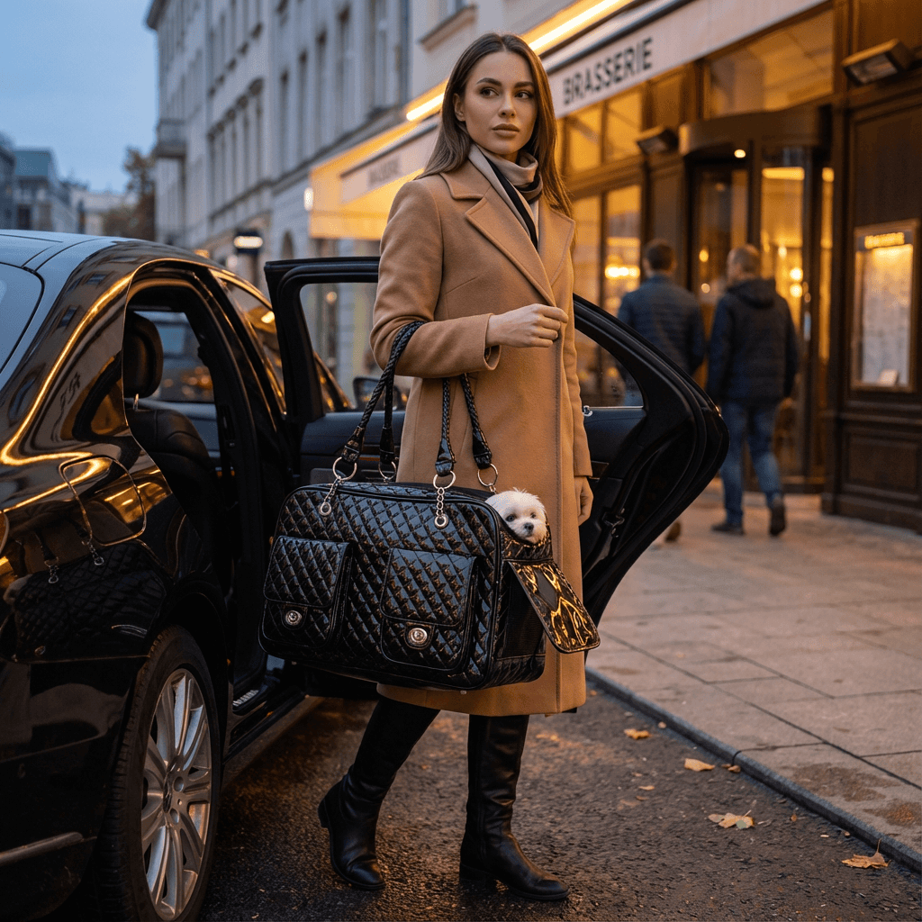 Sleek Leather Pet Carrier featured with a stylish woman and small dog, perfect for dogs & cats.