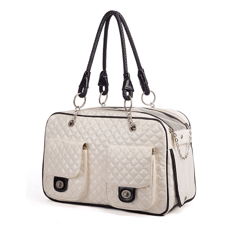 Sleek Leather Pet Carrier for dogs and cats, premium leather design, practical luxury pet travel bag.