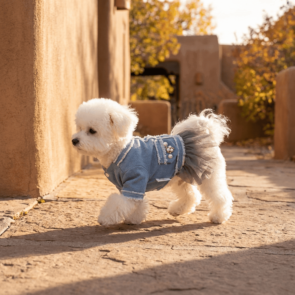 Small Dog Denim Tutu Skirt Dress on a fluffy white dog outdoors, featuring a denim finish and tutu skirt.