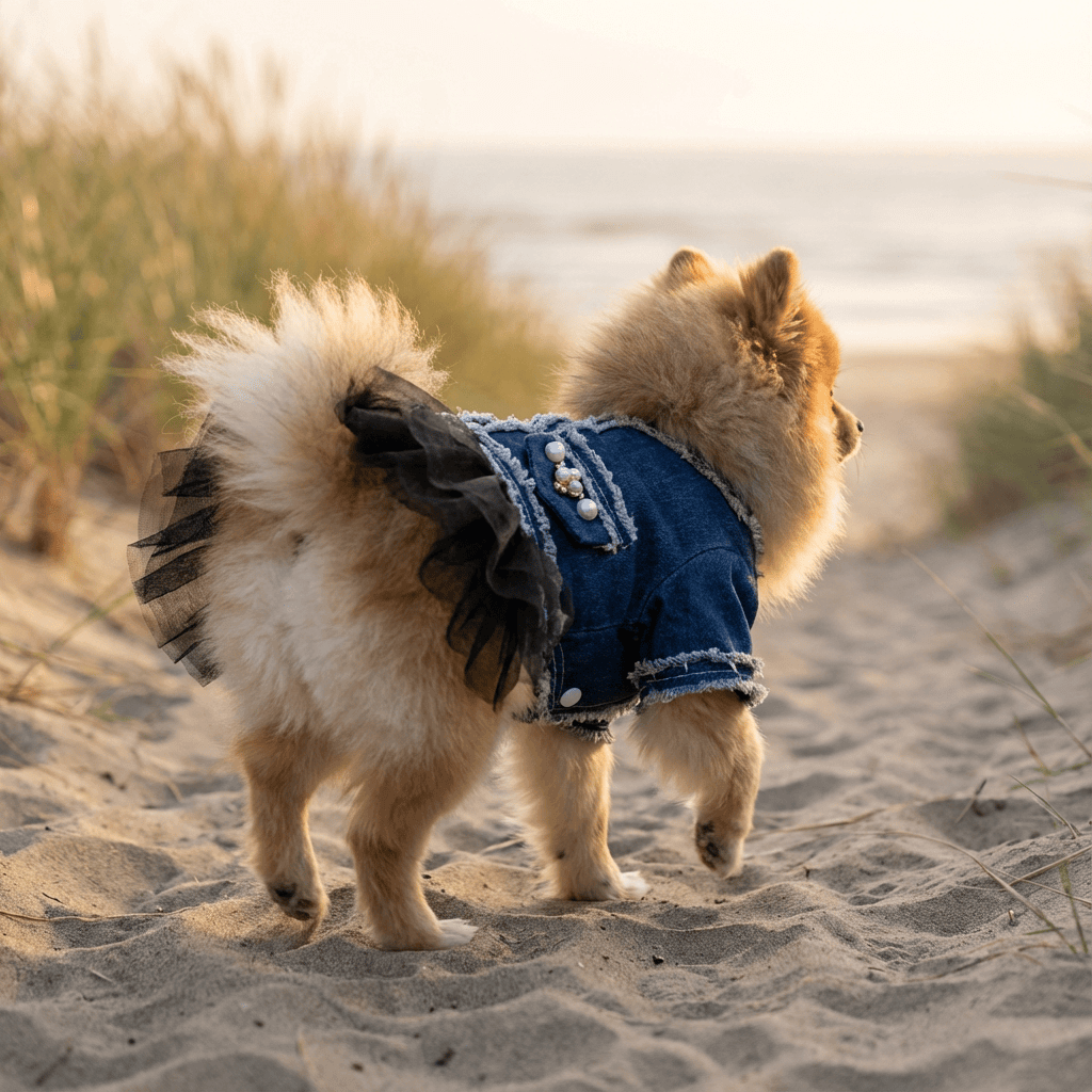 Small Dog Denim Tutu Skirt Dress on a Pomeranian at the beach, featuring a denim finish, tutu skirt, and pearl accents.