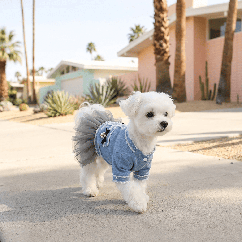 Small Dog Denim Tutu Skirt Dress on a dog, features lightweight denim and tutu skirt for spring and summer casual outings.