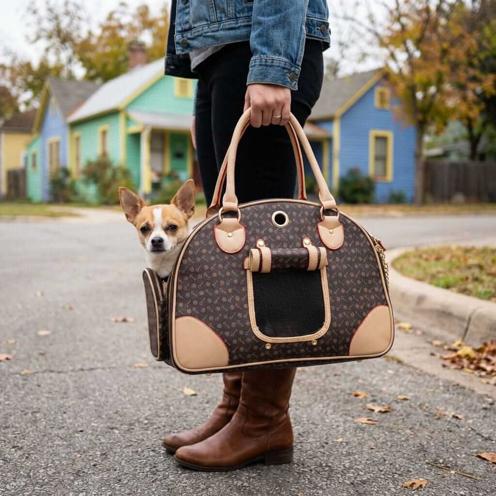 Small Pet Carrier Outdoor Bag with stylish PU leather, breathable mesh, perfect for dogs and cats.