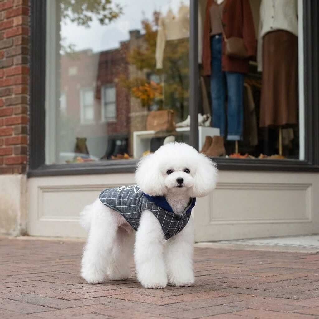Smile Star Small Dog Hooded Coat on a dog outside a store, featuring breathable fabric and stylish design for dogs.