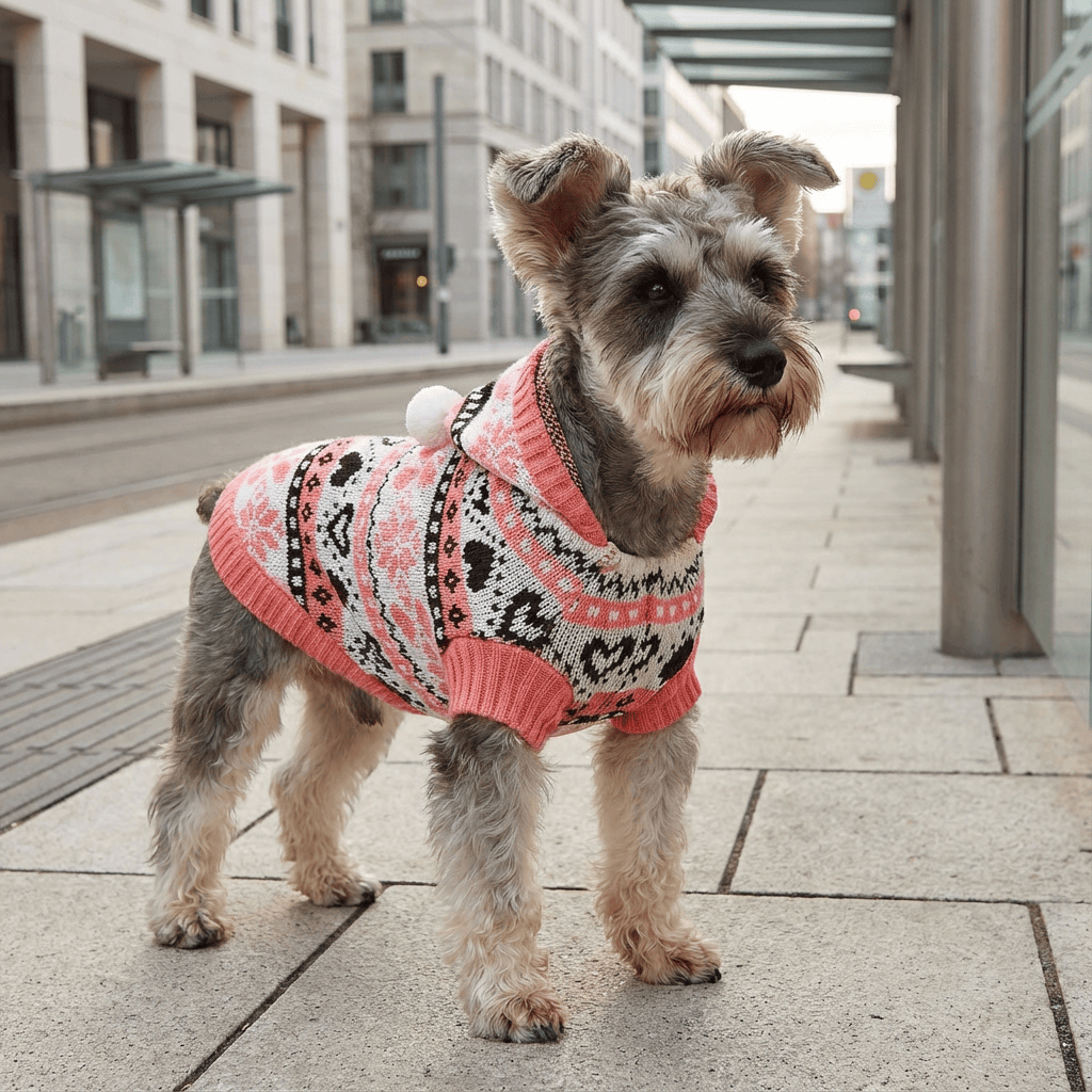 Snowflake Striped Dog Sweater on a small dog, featuring snowflake and stripe patterns, from Dogs & Cats brand.