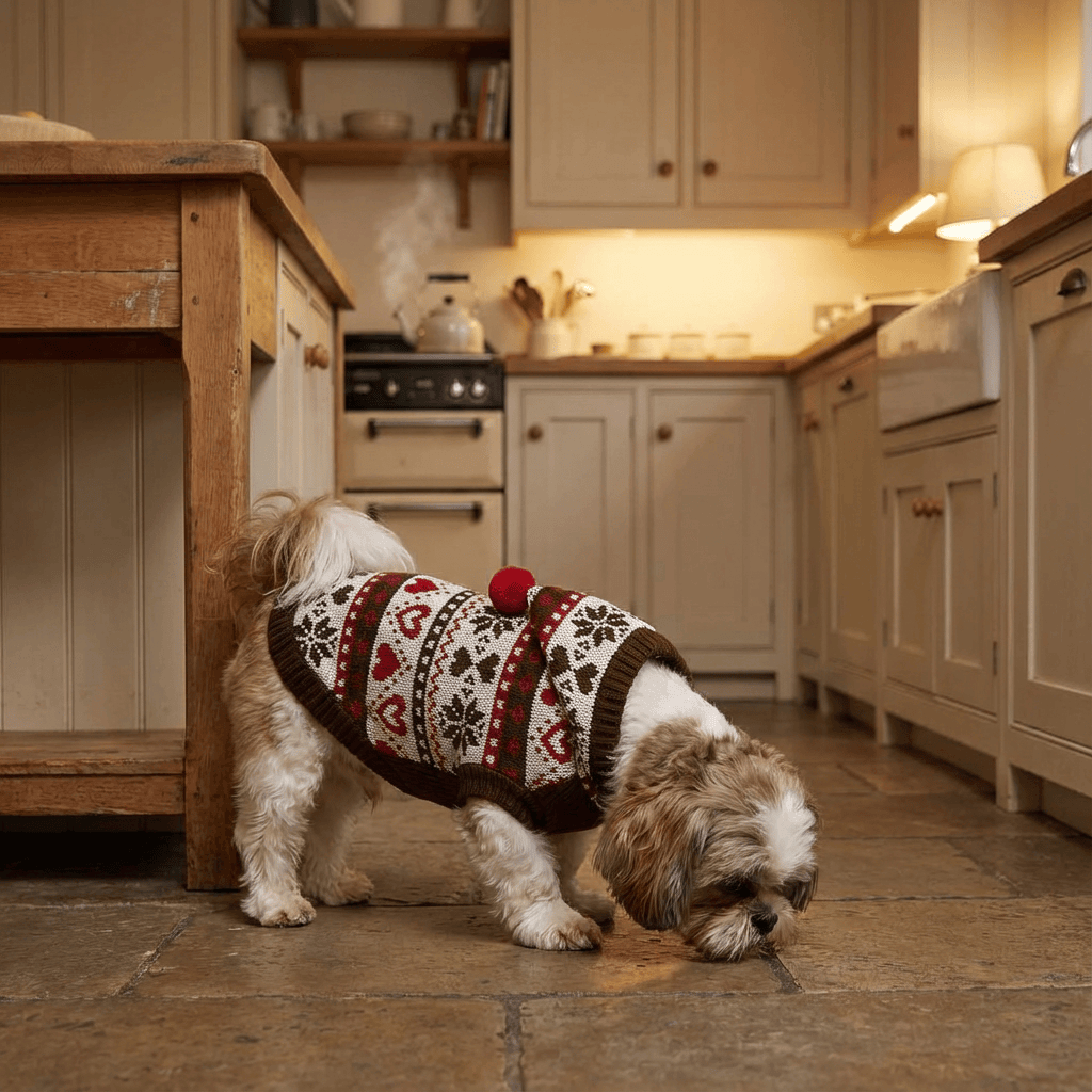 Small dog wearing a Snowflake Striped Dog Sweater in a cozy kitchen, perfect for winter warmth and style.
