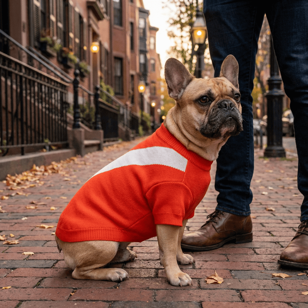 SnugFit Dog Sweater worn by a French Bulldog on a city street, highlighting its soft fabric and snug fit for ultimate comfort.