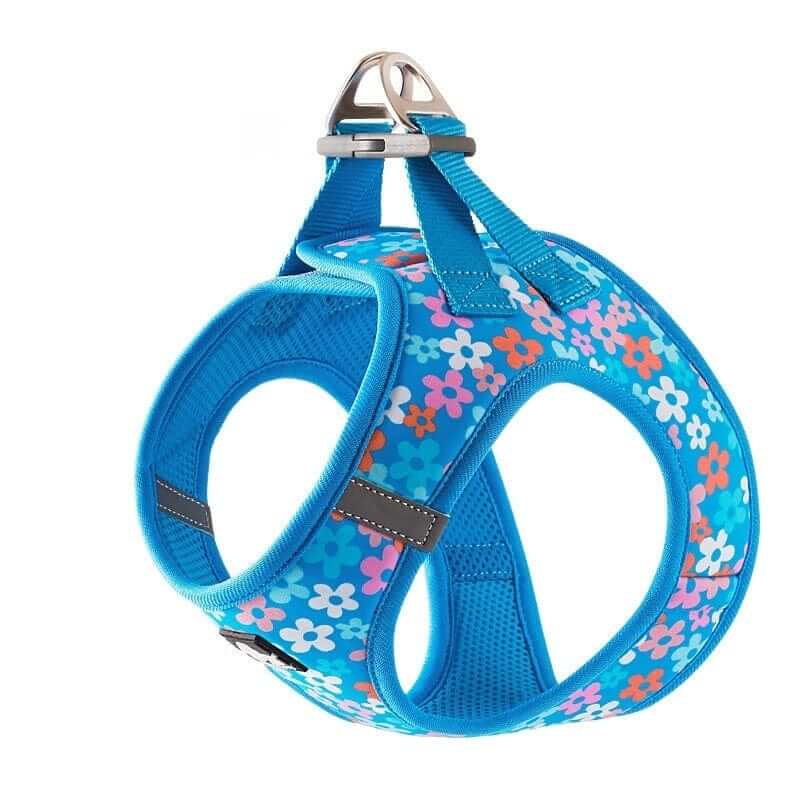 SnuggleFit Teddy Dog Harness in blue floral design, featuring soft, durable materials for comfort and security for dogs.