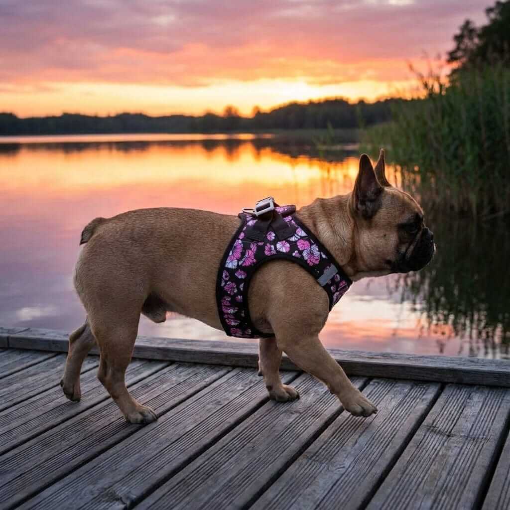 Dog wearing SnuggleFit Teddy Dog Harness by Dogs & Cats, showcasing floral design near a sunset lake.