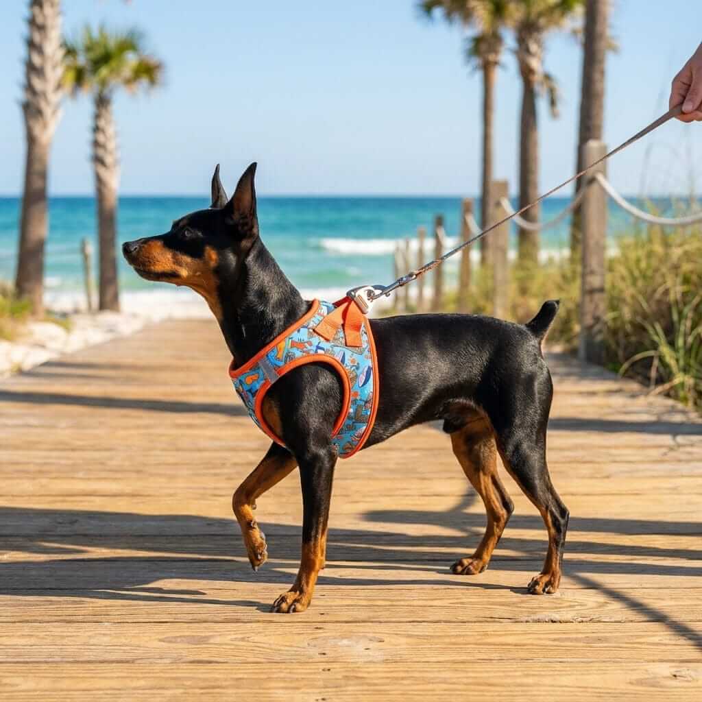 SnuggleFit Teddy Dog Harness on a dog walking by the beach, stylish and secure for dogs and cats.