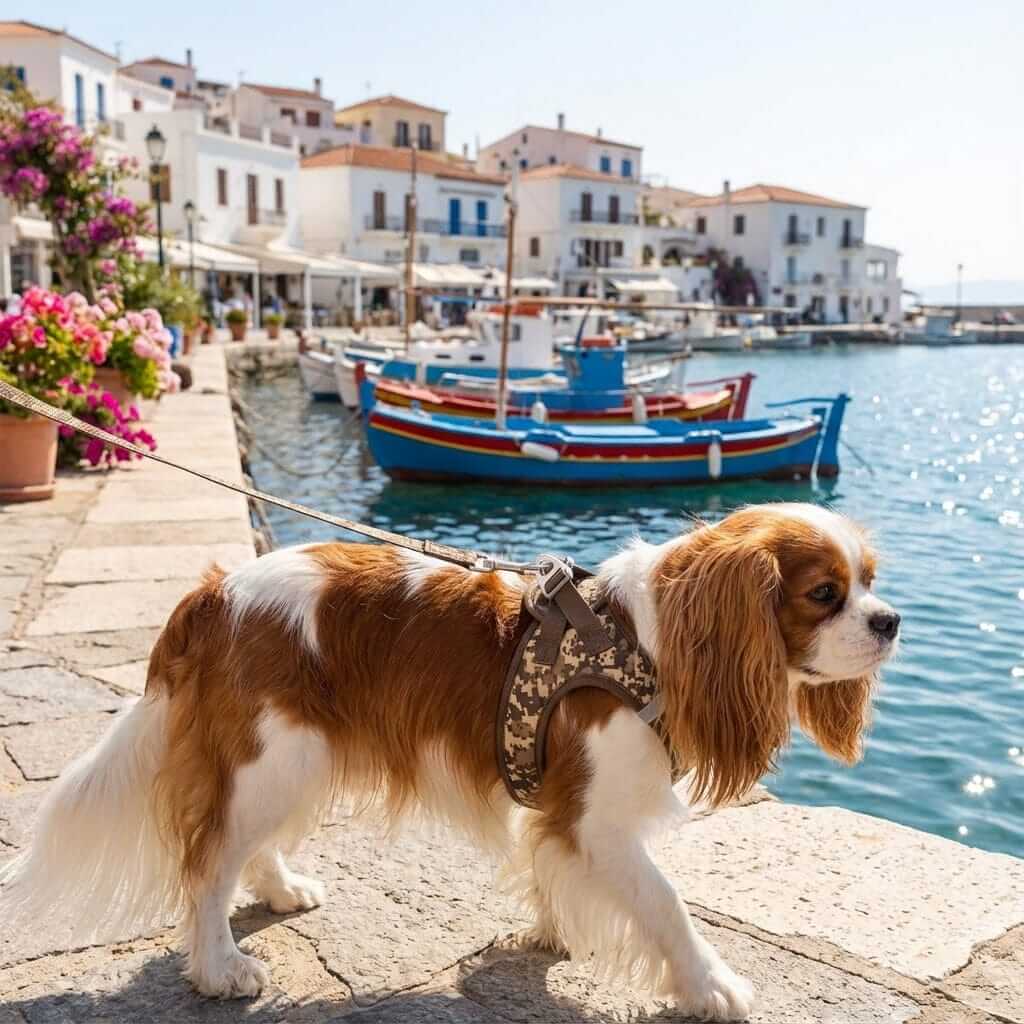 SnuggleFit Teddy Dog Harness on a Cavalier King Charles Spaniel near the water in a stylish seaside setting.