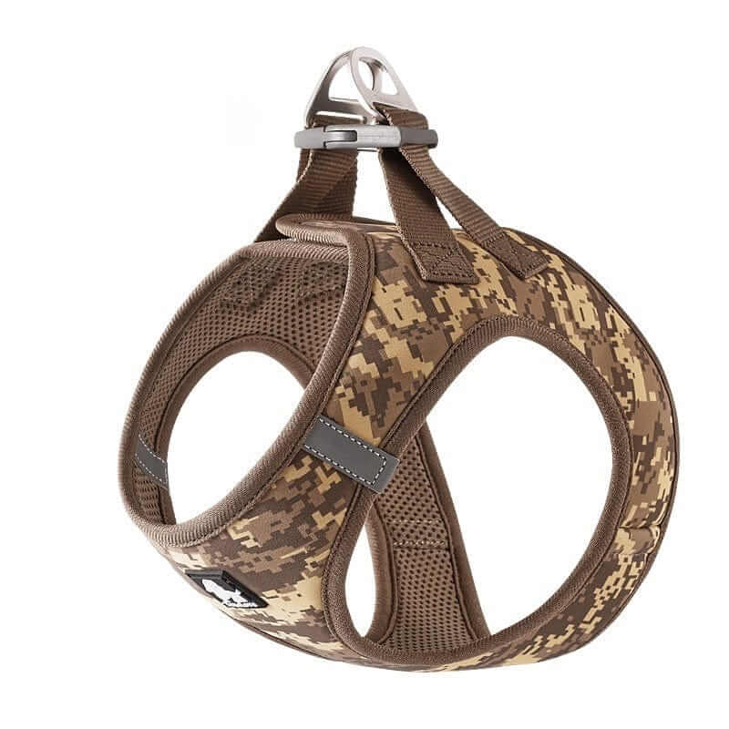SnuggleFit Teddy Dog Harness, breathable mesh design, stylish camo pattern, secure and comfortable for dogs.