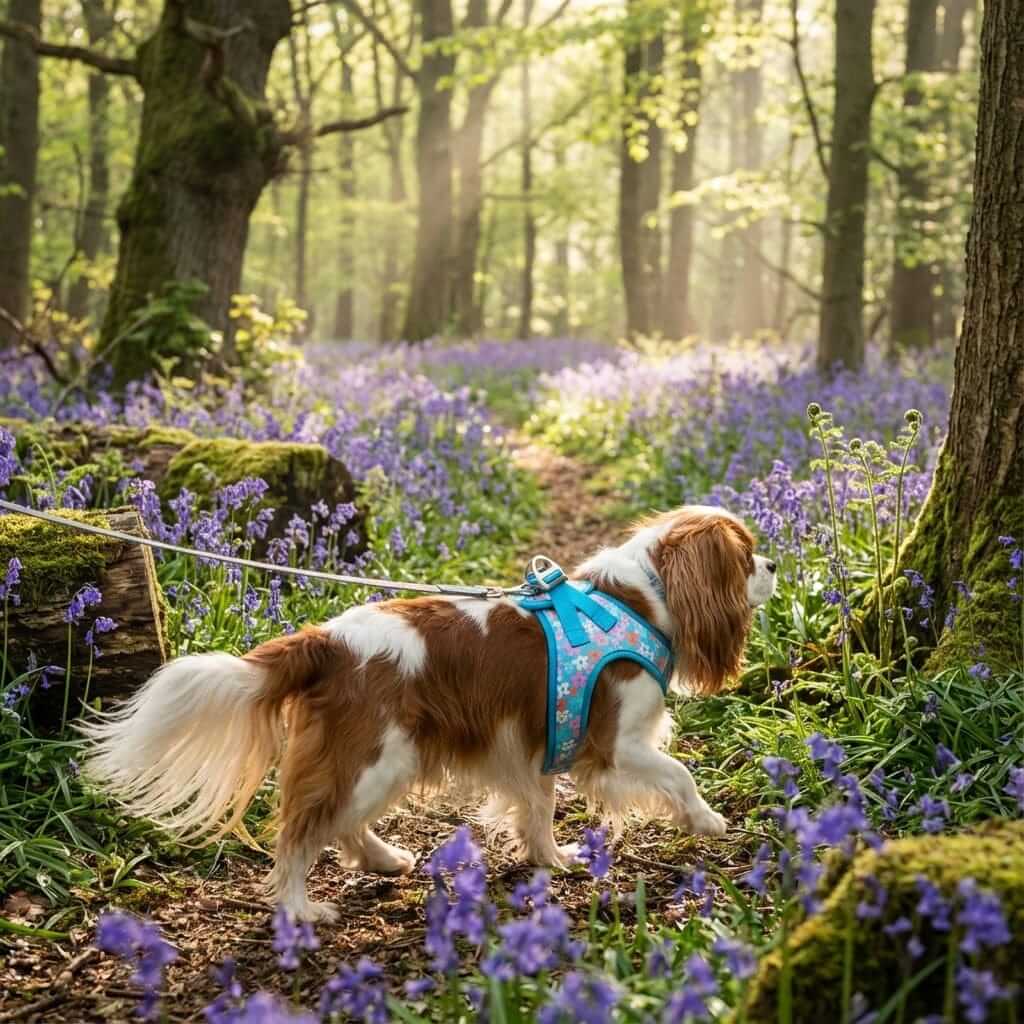Dog wearing SnuggleFit Teddy Dog Harness walking in a flower-filled forest, showcasing comfort and style.