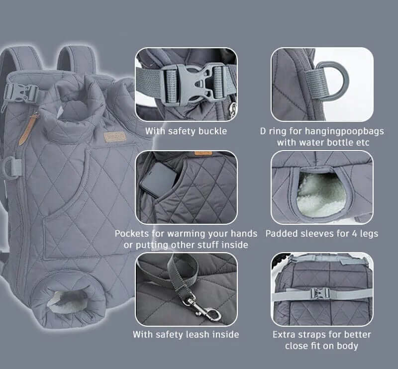 SnugglePack Pet Backpack Carrier with Hidden Hood features safety buckle, padded sleeves, and secure straps for dogs and cats.