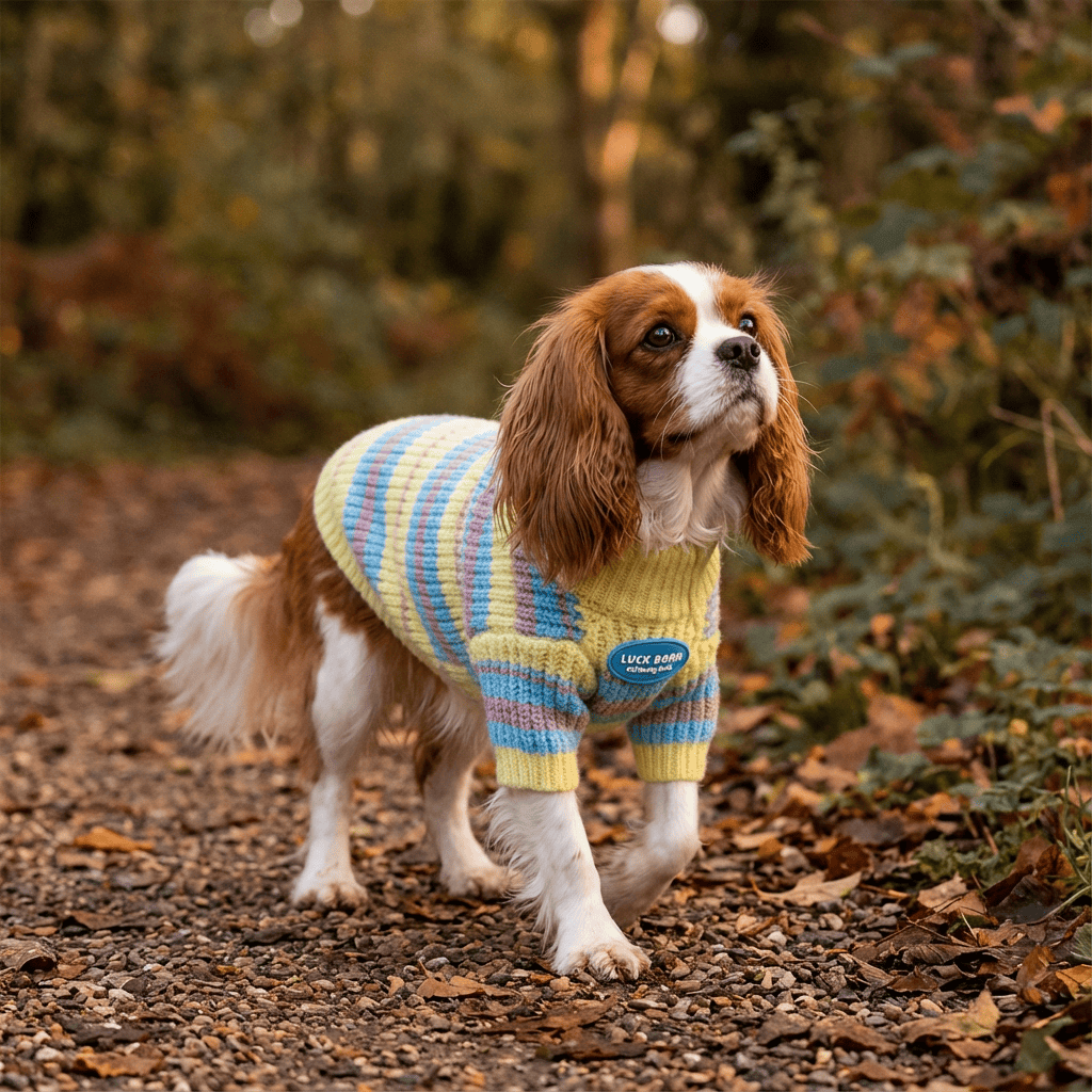 SnugglePaws Knit Dog Sweater on a small dog, featuring colorful stripes, perfect for keeping pets cozy in winter.