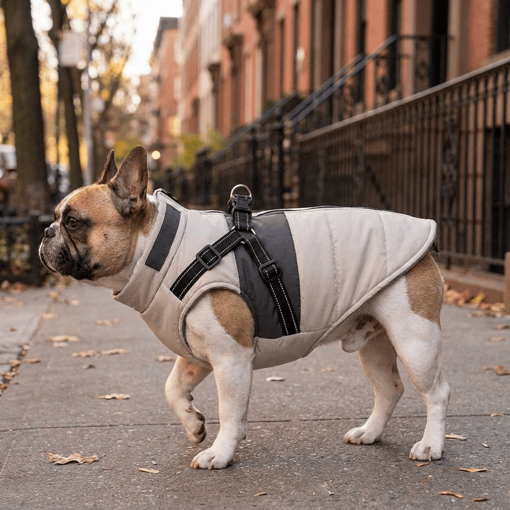 SnugglePup Fleece Vest on a French Bulldog, keeping pets warm and stylish, perfect for dogs and cats.