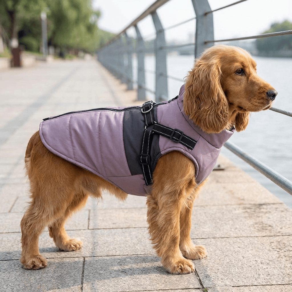 SnugglePup Fleece Vest on a golden dog, showcasing its practical design for warmth and comfort for dogs & cats.