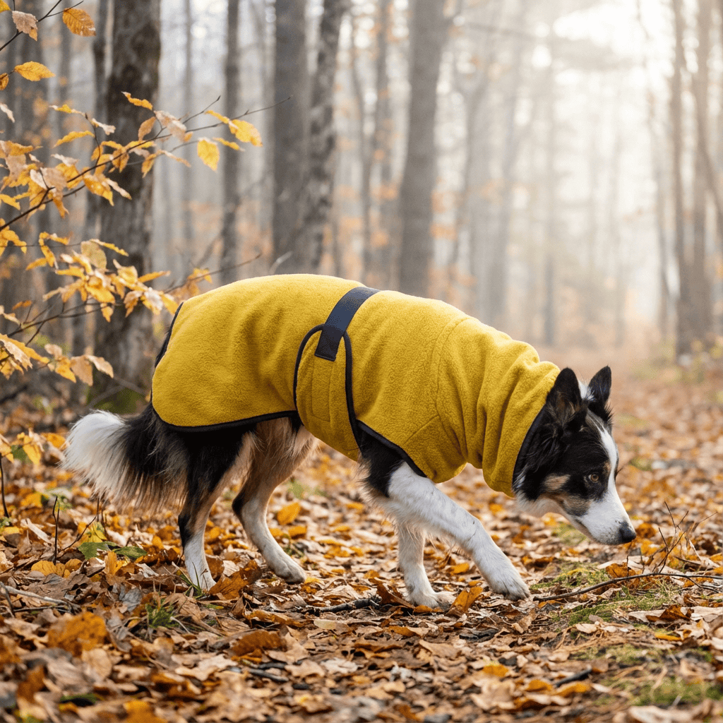 SnugPaws Winter Dog Coat on a dog in a forest, featuring fleece lining and adjustable band for warmth & comfort.