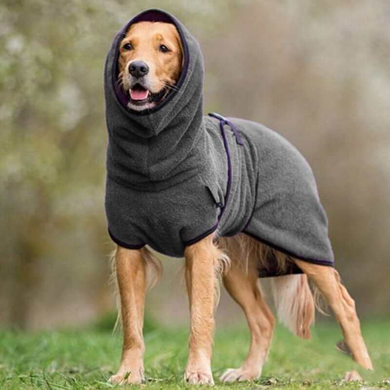 SnugPaws Winter Dog Coat on a dog, featuring a fleece lining and adjustable fit for warmth and comfort.