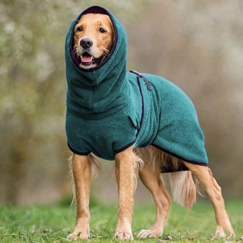 SnugPaws Winter Dog Coat on a golden retriever, featuring plush fleece lining for warmth and comfort during winter walks.